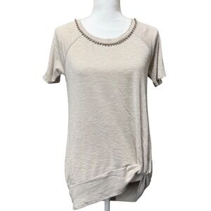 Juicy Couture Biege Short Sleeve Top with Gem Studded Collar. Size M Y2K